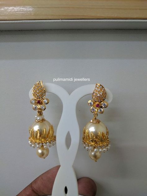 Sparkling Fashion: Gold Jhumka Earring designs latest 2019/ Gold buttalu Gold Buttalu, Gold Wedding Earrings, Gold Jhumka, Gold Jhumka Earrings, Gold Pearl Jewelry, Gold Earrings Models, Pearl Jewelry Design, Gold Jewelry Simple Necklace, Pearl Necklace Designs