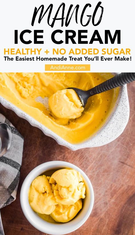 Mango ice cream is an easy healthy way to enjoy ice cream at home without the added sugar and unwanted fillers. This homemade recipe is made with two simple ingredients and a blender. It's a family favorite in our house that I think you're gonna love. Healthy Fruit Ice Cream Recipes, Mango Greek Yogurt Ice Cream, Homemade Mango Sorbet, Healthy Mango Ice Cream, Mango Sorbet Recipe Blender, Mango Healthy Recipes, Healthy Home Made Ice Cream, Fruit Ice Cream Recipes, Blender Ice Cream Recipes