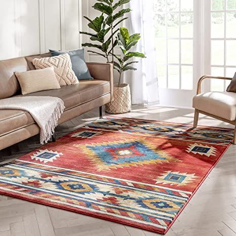 Well Woven Tulsa Lea Crimson Traditional Southwestern Tribal 3x5 (3'11" x 5'3") Area Rug Southwestern Style Living Room, Warm Palette, Southwestern Patterns, Southwestern Area Rugs, Well Woven, Moroccan Design, Rug Stain, Rustic Rugs, Red Area Rug