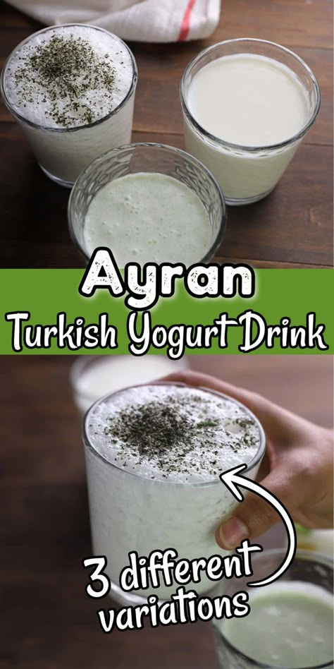 Ayran is a Turkish yogurt drink that is served throughout the Middle East and Mediterranean region. This super easy to make drink goes well with almost any meal. Here I will show you 3 most popular ways to make and enjoy Ayran. Ayran Drink Recipe, Turkish Drink Recipes, Middle Eastern Drinks, Tajikistan Food, Ayran Drink, Turkish Salad Recipes, Billy Diy, Lebanese Desserts Recipes, Yogurt Drink Recipe