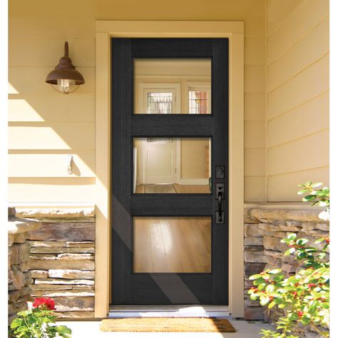 Knockety Continental 36'' x 80'' Glass Wood Front Entry Doors | Wayfair Single Door Front Entry, Half Glass Exterior Door, Exterior Storm Doors Front Entry, Contemporary Doors Entrance, Glass French Doors Exterior, Frosted Front Door Window, Full Light Front Door, Frosted Front Door, Door Exterior Front Entry