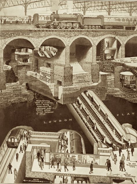 More Amazing Cutaways Of London Underground Stations | Londonist London Underground Train, London Underground Tube, Underground Tube, Waterloo Station, London Overground, London Underground Stations, London Tube, Mc Escher, Charing Cross