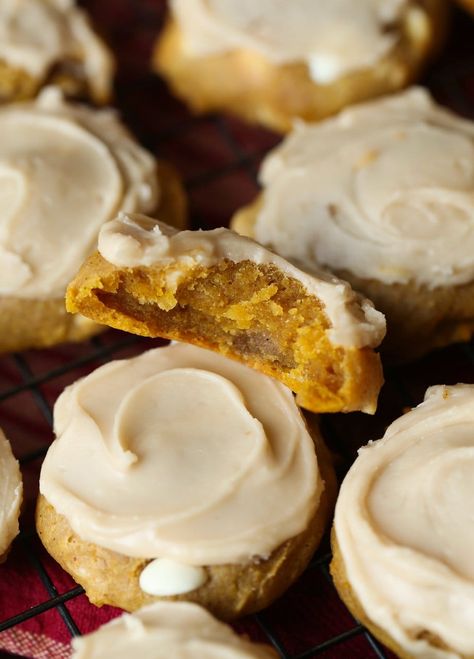 My Pumpkin Cookies literally melt in your mouth. Soft and sweet cookies dotted with white chocolate and topped with brown sugar icing, these cookies are like little bites of pumpkin pie. #cookiesandcups #pumpkincookies #pumpkin #fallbaking #pumpkinpiespice Best Pumpkin Cookies, Brown Sugar Icing, Soft Pumpkin Cookies, Dump Cake Pumpkin, Pumpkin Cookie Recipe, Popular Cookies, Brown Sugar Cookies, Pumpkin Spice Cookies, Desserts Easy