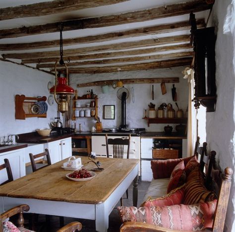 Welsh Cottage, Rustic Dining Room Table, Farmhouse Kitchen Tables, Farmhouse Remodel, Cob House, Cottage Kitchens, Rustic Dining Room, Cottage Interiors, Kitchen And Dining Room