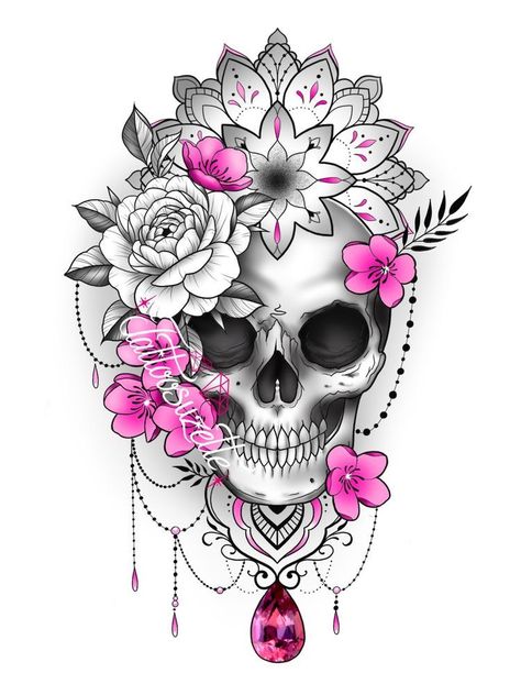 Lower Back Skull Tattoos For Women, Skull Queen Tattoo, Skull And Flower Tattoo Drawing, Sugar Skull Tattoos For Women, Mandala Flower Tattoo Design, Mandala Flower Tattoo, Girly Skull Tattoos, Tato Mandala, Candy Skull Tattoo