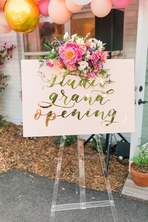 Do Tell Grand Opening Welcome Signage. Blush Pink sign with Gold acrylic laser cut lettering with Florals from Velvet and Twine Grand Opening Signage, Grand Opening Beauty Salon, Grand Opening Party Ideas Decoration, Grand Opening Salon Ideas, Office Inauguration Decor, Office Opening Decoration Ideas, Shop Grand Opening, Grand Opening Ideas Business Decorations Store, Business Grand Opening Decor Ideas