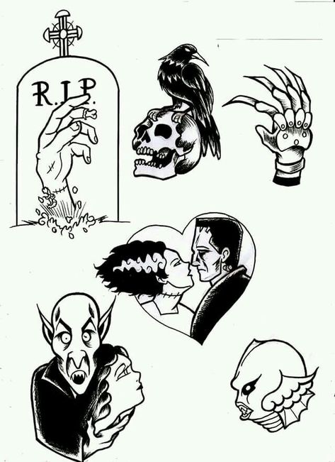 Creep Show Tattoo, Frankenstein Flash Tattoo, Flash Tattoo Horror, Halloween Spooky Tattoos, Horror Flash Tattoo Sheet, Frankenstein Tattoo Simple, Simple Horror Movie Tattoos, Vintage Horror Tattoo, Classic Horror Tattoo