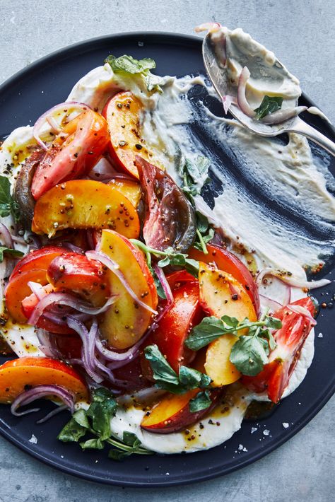 Tomato and Peach Salad With Whipped Goat Cheese Recipe - NYT Cooking Tomato And Peach Salad With Whipped Goat Cheese, Tomato And Peach Salad, Peach Tomato Salad, Goat Cheese Peach, Whipped Cheese, Goats Cheese Salad, Tomato Goat Cheese, Prosciutto Pasta, Pickled Onion