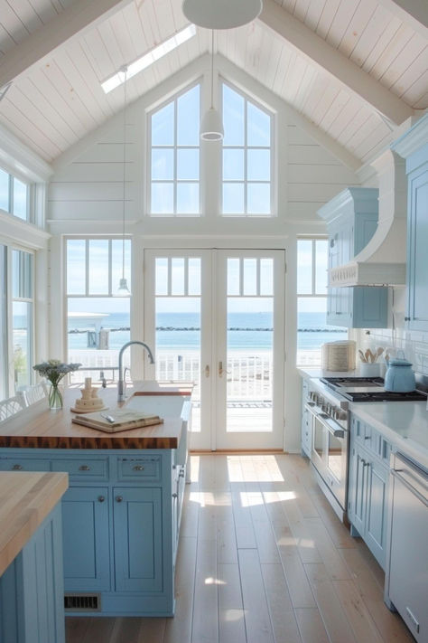 36 Chic Butcher Block Island Ideas for a Coastal Kitchen Kitchen For Beach House, Coastal Chic Interior Design Kitchen, Cute Beach House Kitchen, Island House Kitchen, Cute Beach House Interior, Cool Beach Houses, Beach House Inspo Interior Design, Small Coastal House Interior, Coastal Beach House Kitchen