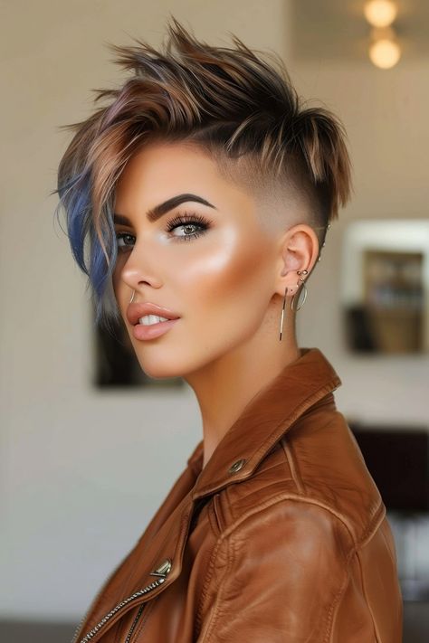 Skin Fade Women, Pixie Undercut Hairstyles Edgy, Edgy Short Hair Styles, Asymmetrical Pixie Edgy, Colored Pixie Cut, Pixie Haircut Color, Pixie Mohawk, Pixie Hair Color, Edgy Short Haircuts