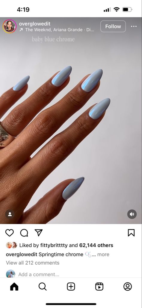 January Chrome Nails, Baby Blue Hoco Nails, Simple Acrylic Nails Almond Solid Color, Blue Crome Nails Acrylic French, Azure Nails, Fun January Nails, Light Blue Fall Nails, Dusty Blue And White Nails, Baby Blue Nails With Chrome