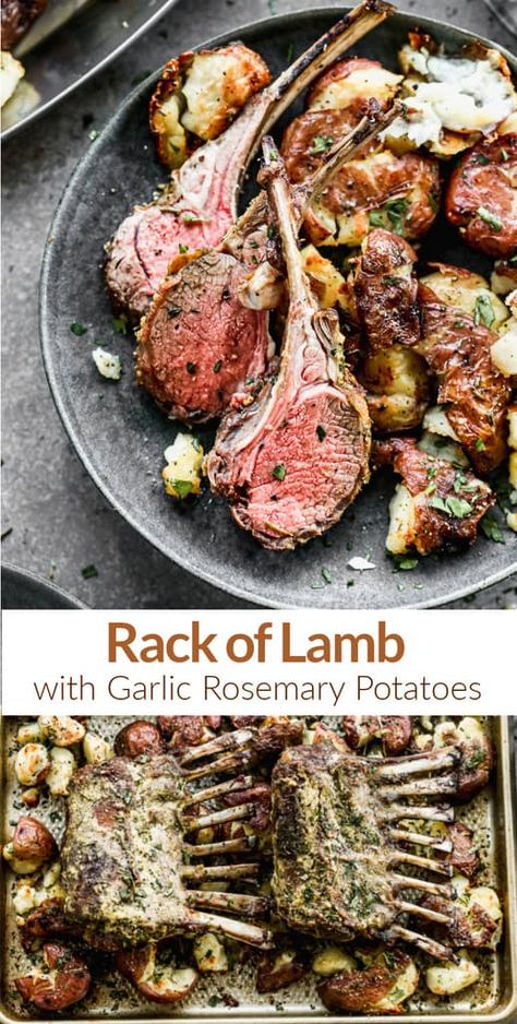 Garlic Rosemary Potatoes, Lamb Recipes Oven, Knives Aesthetic, Lamb Rack Recipe, Roasted Rack Of Lamb, Lamb Marinade, Knives Chau, Roast Rack Of Lamb, Christmas Main Dishes