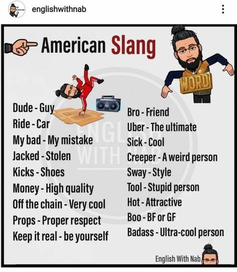 American Slang Words, British Slang Words, Basic English Grammar Book, American Slang, English Word Book, Study English Language, English Transition Words, New Vocabulary Words, English Phrases Idioms