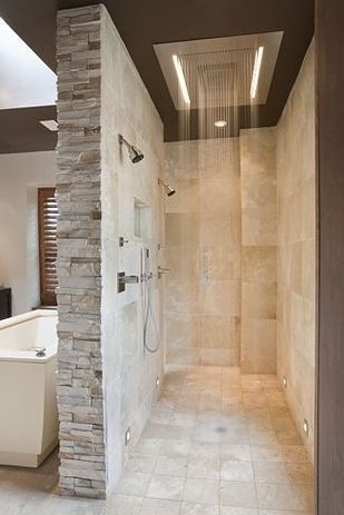 A walk-in shower means no glass to clean - yes please! Bathroom Illumination, Drømme Bad, Dekorere Bad, Bilik Air, Shower Lighting, Bilik Mandi, Hus Inspiration, घर की सजावट, Dream Bathrooms