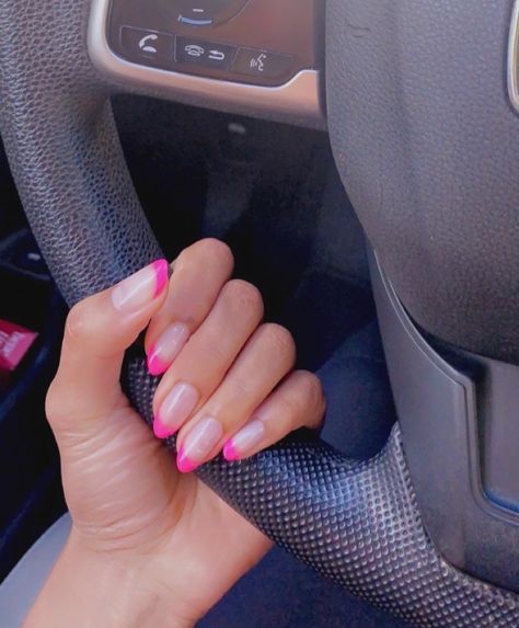 French Tip Hot Pink Acrylic Nails, Hot Pink Tip Acrylic Nails, Hot Pink Tips Acrylic Nails Almond, Short Almond Nails Pink Tips, Short Hot Pink Tip Nails, Hot Pink French Nails Almond, Hot Pink Tip Nails Almond, Hot Pink Prom Look, Almond Nails Hot Pink French Tip