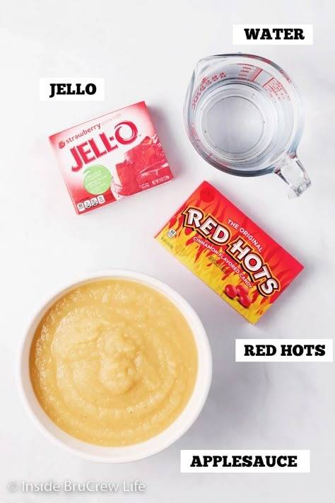 Red Hot Jello, Applesauce Jello Recipe, Applesauce Jello, Cinnamon Candies, Congealed Salad, Red Hots Candy, Potluck Side Dishes, Jello Desserts, Red Hots