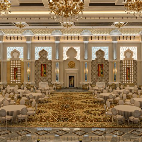 Luxurious Roman Classic banquet hall interiors are impeccable and are center of attraction of the hotel project. Large ceiling height of banquet creates an ambiance of luxurious palace. First of its kind on national highway with highest ceiling. Hotel exterior is inspired by Rajasthani palace architecture. Heavens and Associates proudly share their creative design, a blend of Roman classical and Royal Rajasthani architecture. Classical Banquet Hall Design, Marriage Palace Design, Banquet Hall Design Interiors Indian, Banquet Hall Architecture, Banquet Hall Wall Design, Banquet Hall Design Interiors Luxury, Banquet Lighting, Banquet Hall Design Interiors, Rajasthani Palace