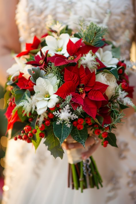 Christmas Wedding Bouquet Poinsettia, Different Wedding Flowers, Christmas Wedding Picture Ideas, Christmas Wedding Bouquets Bride, Flowers For Winter Wedding, Winter Bride Bouquet, Christmas Bridal Bouquet, Christmas Wedding Bouquet, Poinsettia Bouquet