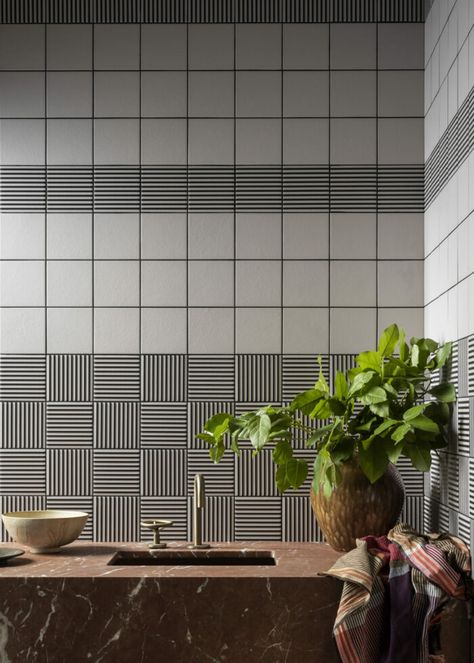 8 New Inspirational Bathroom Designs | Mandarin Stone Black And White Patterned Tile, White Tile Splashback, Brick Ceramic Tile, Wood Effect Porcelain Tiles, Pattern Combinations, Black And White Tiles Bathroom, Patterned Kitchen Tiles, Graphic Tiles, Mandarin Stone