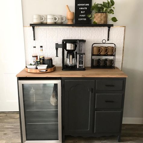 15 Coffee and Wine Bar Ideas to Elevate Your Space - Coffee Taste Corner Coffee Corner With Fridge, Diy Coffee And Bar Station, Desk To Coffee Bar Diy Projects, Drinks And Coffee Cabinet, Coffee And Booze Bar Ideas, Mini Bar In Basement, Coffee Bar Apartment Small Spaces, Bar Corner Ideas Small Spaces, Coffee Beverage Station