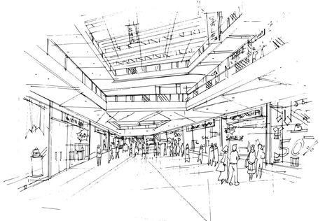 Mall Composition Drawing, Shopping Mall Drawing, Mall Sketches, Mall Drawings, Comic Help, Mall Ideas, Drawing Backgrounds, Ideas Sketch, Composition Drawing