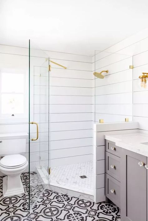 Corner Shower Ideas and Inspiration | Hunker Colored Vanity, Shiplap Bathroom, Ship Lap, Waterproof Bathroom, Gold Fixtures, Shower Bathroom, Bad Inspiration, Diy Bathroom Remodel, Modern Farmhouse Bathroom