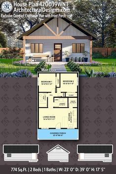 Tiny Cottage House Plan 420039WNT under 1000 sq ft of living space, coming in at 774 square feet with 2 bedrooms and 1 baths House Plans Under 500 Sq Ft, 2 Bedroom 1 Bath House Plans Small, Small Rental House Plans, 1000 Square Foot House Plans Open Floor, Tiny House With 2 Bedrooms, Mother In Law Cottage 2 Bedroom, Cottage Floor Plans One Story 2 Bedrooms, 2 Bed 1 Bath Floor Plan Small, Tiny House Floor Plans 2 Bedroom