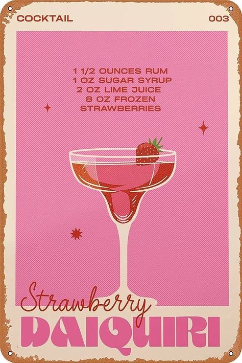 Cocktail Posters Aesthetic, Strawberry Wall Decor, Orange Light Fixture, Ideas Decoracion Salon, Frozen Strawberry Daiquiri, Pink Bg, Cocktail Illustration, Cocktail Poster, Pink Cocktails