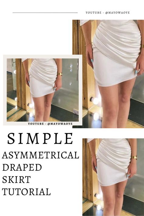 Simple asymmetrical draped skirt tutorial Asymmetrical Draped Skirt With Lining, Chic Asymmetrical Draped Skirt, Asymmetrical Pleated Draped Skirt, White Asymmetrical Draped Skirt With Lining, Asymmetrical Skirt Pattern, Fitted Asymmetrical Pre-draped Skirt, Draped Skirt Pattern, Drape Skirt Pattern, Tulip Skirt