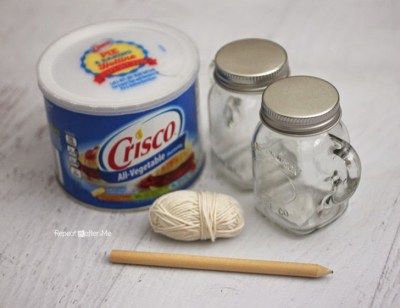 Mason Jar Mug Crisco Candles with Crochet Cozy Crisco Candles, Crisco Candle, Stocking Pantry, Emergency Hacks, Candle Diy Mason Jar, Emergency Candles, Mason Jar Mugs, Crochet Mug Cozy, Repeat Crafter Me