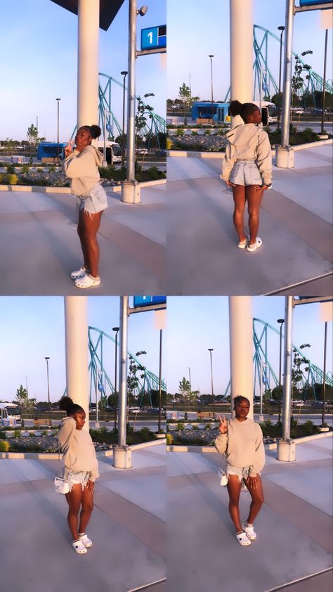 black girl essentials sweater white crocs denim shorts instagram collage black girl slick back bun White Crocs Outfit, Essentials Sweater, Slick Back Bun, Crocs Outfit, Collage Black, Girl Essentials, White Crocs, Instagram Collage, Slick Back