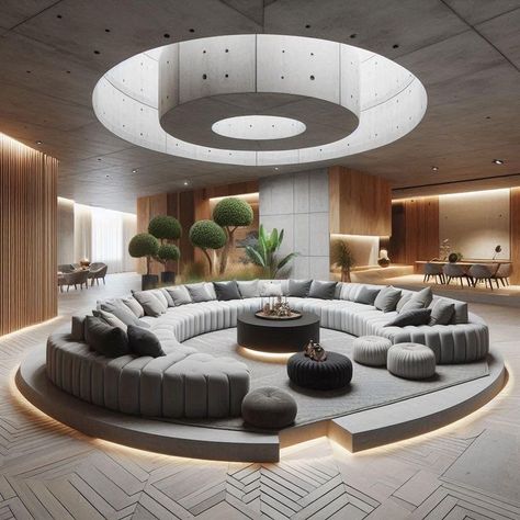 Modern Sunken Living Room, Circular Seating Area, Circular Living Room, Circular Sofa, Circular Seating, Luxury Living Room Interior, Round Couch, Circle Sofa, Round Living Room