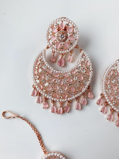 Decisive in Rose Gold & Pink Earrings + Tikka THE KUNDAN SHOP Indian Long Earrings, Pink Jhumka, American Diamond Earrings, Purple Drop Earrings, Dope Jewelry Accessories, Fancy Jewelry Necklace, Minimalist Earrings Gold, Fancy Jewellery Designs, Earrings Aesthetic