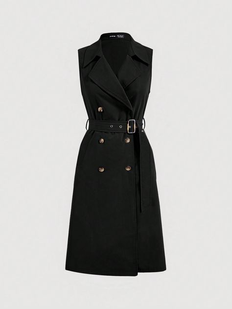 Khaki Sleeveless Retro Cinched Waist Women Long Trench Coat Black Elegant  Sleeveless Woven Fabric Plain vest Non-Stretch Fall/Winter Women Clothing, size features are:Bust: ,Length: ,Sleeve Length: Elegant Black Sleeveless Outerwear, Luxury Black Sleeveless Outerwear, Sleevless Coat, Black Gabardine Long Coat, Trench Coats Women Long, Military Long Coat With Buttons, Black Trench Coat, Sleeveless Trench, Plain Vest