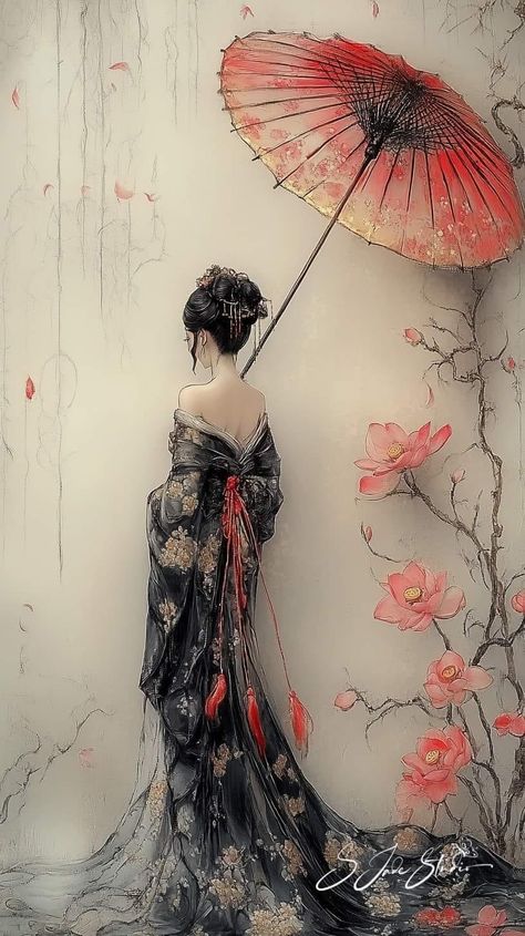 Chinese Art Painting, Geisha Art, Japanese Drawings, Japanese Art Prints, Japon Illustration, Ethereal Art, Japan Art, الرسومات اللطيفة, Chinese Art