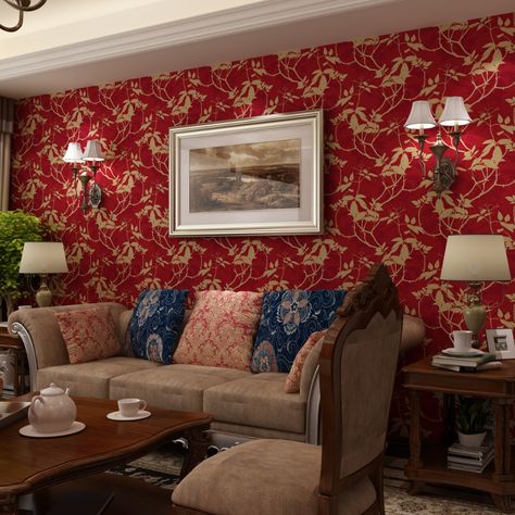 Red Black Wallpaper, American Countryside, Warm Living Room, Living Room Retro, Room Retro, Red And Black Wallpaper, 3d Wall Murals, Living Room Warm, Wallpaper Living Room