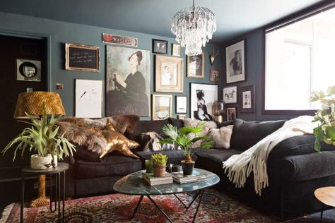 6 Witchy Ways to Make Your Home Fit for a Modern Coven | Apartment Therapy Dark Eclectic, Navy Living Rooms, Light Colored Furniture, Dark Grey Walls, Maximalist Home, Living Room Trends, London Flat, London House, Dark Walls