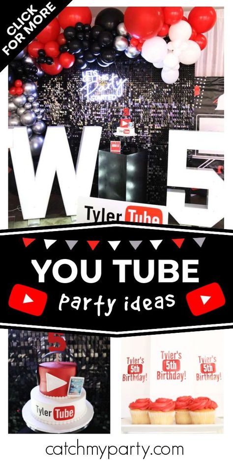 You Tube Cake Ideas, Youtube Theme Party, Youtube Themed Birthday Party Diy, Age 11 Birthday Boy Table, You Tube Themed Birthday Party, Youtube Themed Birthday Party, Boys 10th Birthday Party Ideas, Youtube Birthday Party Ideas, 10th Birthday Boy Party Games