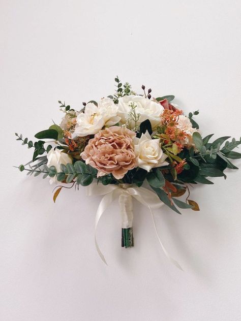 Terracotta And Sage Wedding Flowers, Simple Fall Bridal Bouquet, Fall Terracotta Bridal Bouquet, Mini Bridesmaid Bouquet, White And Terracotta Bridesmaid Bouquet, Terracota Bride Bouquet, Simple Bridal Bouquet Fall, Muted Fall Wedding Bouquet, White And Rust Bouquet