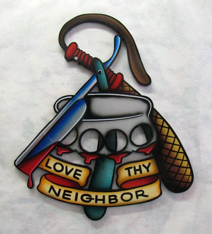 Love thy neighbor. Love Thy Neighbor Tattoo, Traditional Switchblade Tattoo, American Traditional Barber Tattoo, Traditional Razor Tattoo, Knife Traditional Tattoo, Neo Traditional Barber Tattoo, Old School Barber, Love Articles, Love Thy Neighbor