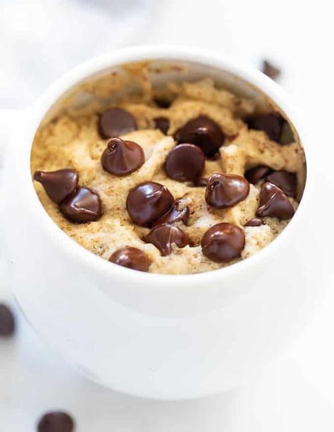 Chocolate Chip Cookie in a Mug Single Serve Chocolate Chip Cookie, Chocolate Chip Mug Cake, Chip Mug, Cookie In A Mug, Mug Cake Microwave, Mug Cakes, Healthier Desserts, Keto Mug Cake, Chocolate Mug Cakes