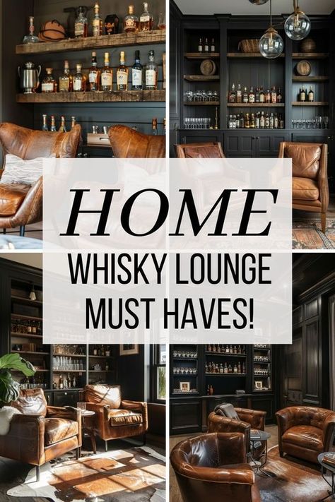 Step into the world of whiskey lounges with this ultimate guide to creating your own at home. Learn about the essential barware, furniture, design, and artwork needed to set up a cozy and inviting space. Discover how to mix modern decor with classic touches to craft the perfect atmosphere for enjoying your favorite spirits. Get all the tips and ideas you need to transform any room into a sophisticated whiskey lounge! Whiskey Wine Bar, Small Pub Ideas, Small Home Speakeasy, Home Bar Rooms Interior Design, Whiskey Lounge Home Ideas, Home Whiskey Lounge, Lounge Alcove Ideas, Cigars And Whiskey Man Caves, Bar Corner Ideas For Home