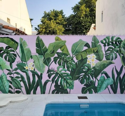 Comfortable and stylish outdoor furniture sets, including sofas, dining tables, and lounge chairs. Tropical Fence Mural, Tropical Wall Painting Ideas, Pool Mural Ideas, Tropical Wall Murals Painted, Garden Wall Mural Outdoor, Outdoor Murals Backyards, Outdoor Wall Murals Backyards, Tropical Mural Painting, Plant Mural Wall