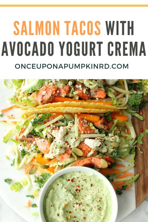 Salmon Tacos with Avocado Yogurt Crema | Once Upon a Pumpkin Fun Salmon Recipes, Leftover Salmon Recipes Healthy, What To Do With Leftover Salmon, Leftover Salmon Ideas, Salmon Leftover Recipes, Salmon Tortilla, Leftover Salmon Recipes, Healthy Tortillas, Avocado Yogurt