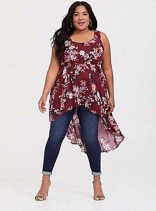 Red Floral Challis Hi-Lo Babydoll Tank, PEACHY BOUQUET Peachy Bouquet, Side Leggings, Babydoll Tank, Fitted Tunic, Challis Fabric, Plus Size Wedding, Plus Size Blouses, Red Floral, Plus Size Tops