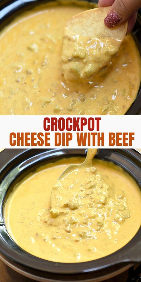 Beef Cheese Dip made easy in the slow cooker! Loaded with taco meat, cheese, and diced green chilies, it's seriously addicting! Queso With Meat Crockpot, Queso Dip With Meat Crockpot, Meat Cheese Dip Crock Pot, Taco Meat Queso Dip, Velveeta Meat Cheese Dip, Crockpot Cheese Dip Velveeta Ground Beef, Beef And Cheese Dip Crockpot, Nacho Cheese Dip With Meat Ground Beef, Taco Meat Cheese Dip