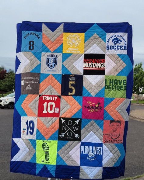 This listing is for a T-Shirt Quilt deposit This throw size quilt measures 72"x84" (twin size) and is made using 15 t-shirts and/or jerseys. Each T-shirt is interfaced to help hold its shape. The fabric that accents the T-shirts and the backing fabric is 100% cotton and is customizable by color and backing type. If you would like to use a backing other than cotton, maybe flannel or minky, please contact me. I also use 100% cotton batting in between the top and back layers of the quilt. The total cost of this quilt is $750. To make a quilt with this design, a deposit of $220 is required to begin work and the remaining balance of $530 is due before the quilt is sent home. The quilt process can take up to 6 weeks to complete once the deposit and the shirts are received. Each quilt is placed i How To Make A Tshirt Quilt, How To Make A T Shirt Quilt, Tee Shirt Quilts, T Shirt Quilts Ideas Layout Patterns, T Shirt Quilt Designs, Tee Shirt Quilts Ideas, T Shirt Quilts, T Shirt Quilts Ideas Layout, T Shirt Quilt