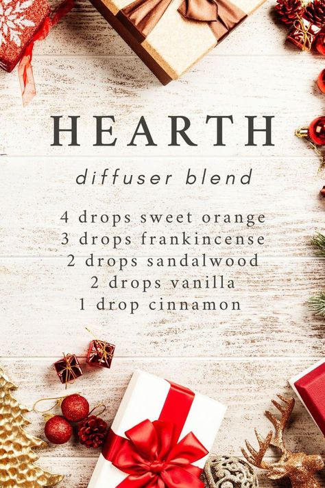 Background of wood bordered by holiday bits and bobs. Text - "HEARTH diffuser blend: 4 drops sweet orange, 3 drops frankincense, 2 drops sandalwood, 2 drops vanilla, 1 drop cinnamon" Orange And Frankincense Blend, Essential Oil Recipes Vanilla, Sandlewood Diffuser Blend, Cranberry Essential Oil Blend, Amber Essential Oil Blends, Cinnamon Diffuser Blends, Apple Essential Oil Blend, Sandalwood Diffuser Blend, Sandalwood Essential Oil Blends