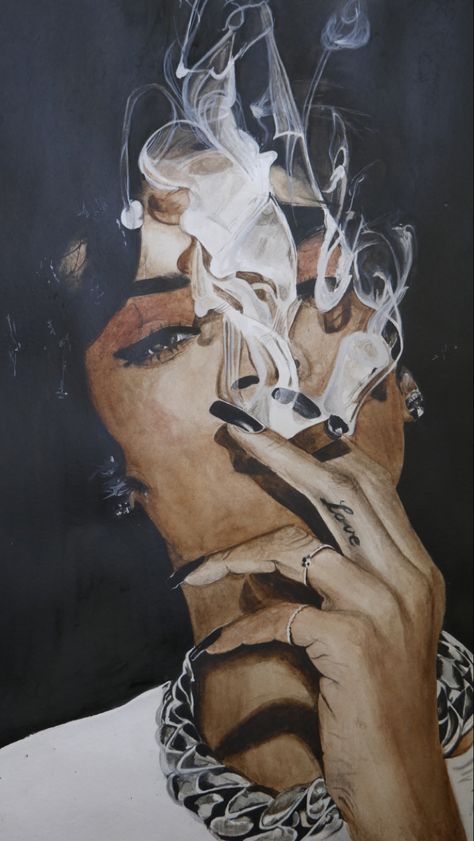 Rihanna's portrait painted by me Smoker Artwork, Ciggerate Drawing, Rihanna Painting, Kahlo Paintings, Watercolour Portrait, Girly Drawings, Painting Of Girl, Animated Love Images, Art Bedroom