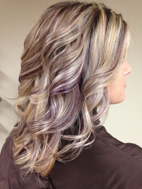 Beautiful earthy purple lowlights Copper Gray Hair, Eggplant Highlights, Fall Blonde Hair Color Low Lights, Blonde With Red Lowlights Hair, Purple Lowlights, Blonde Brown Hair Color, Purple Highlights, Dirty Blonde Hair, Growing Out Short Hair Styles